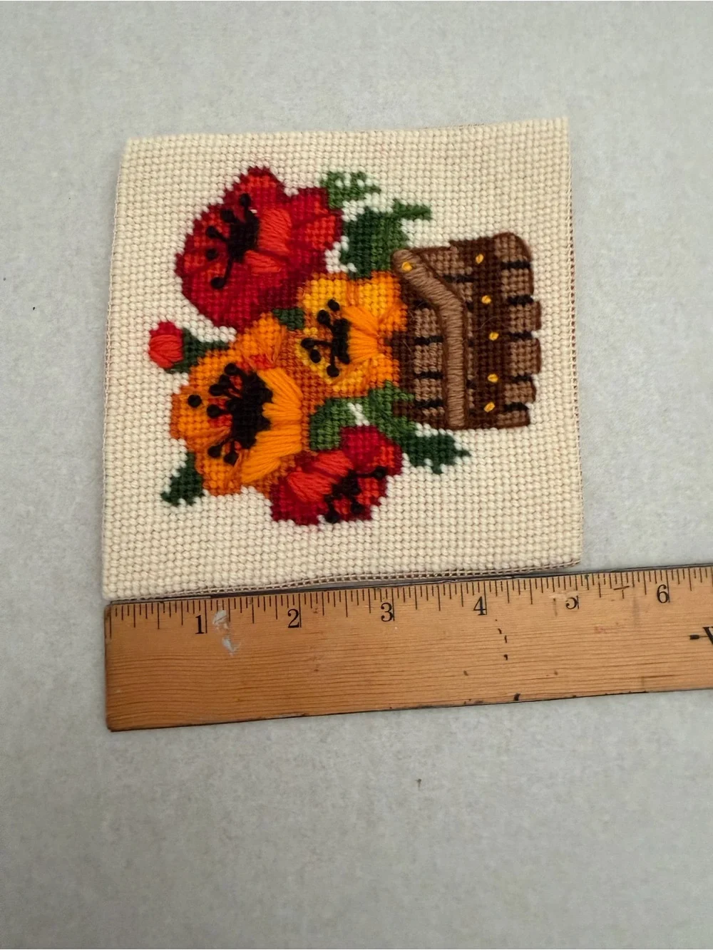 Handmade Vintage Mini Art Needlepoint Sunflowers Wooden Crate 5”x5”